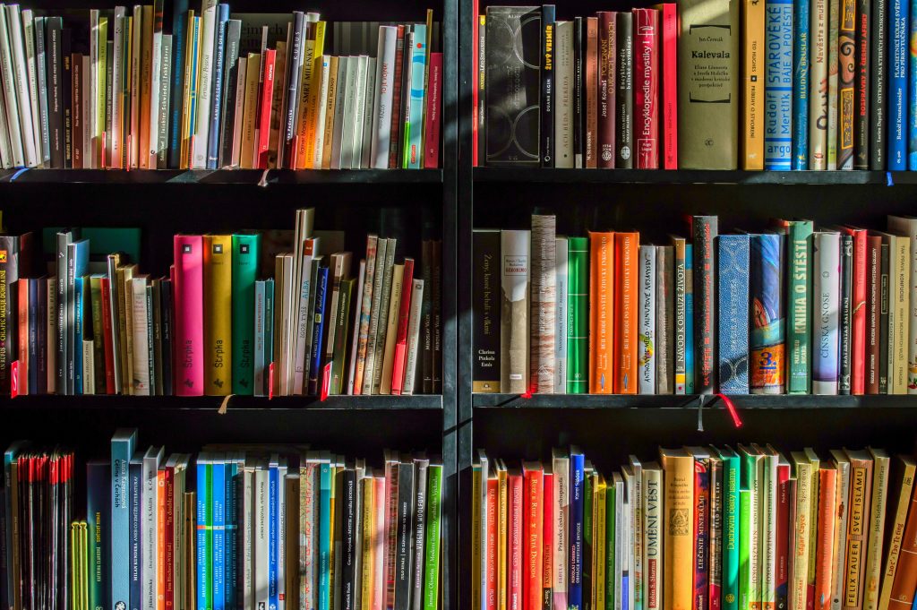 Photo of a bookcase containing colourful books